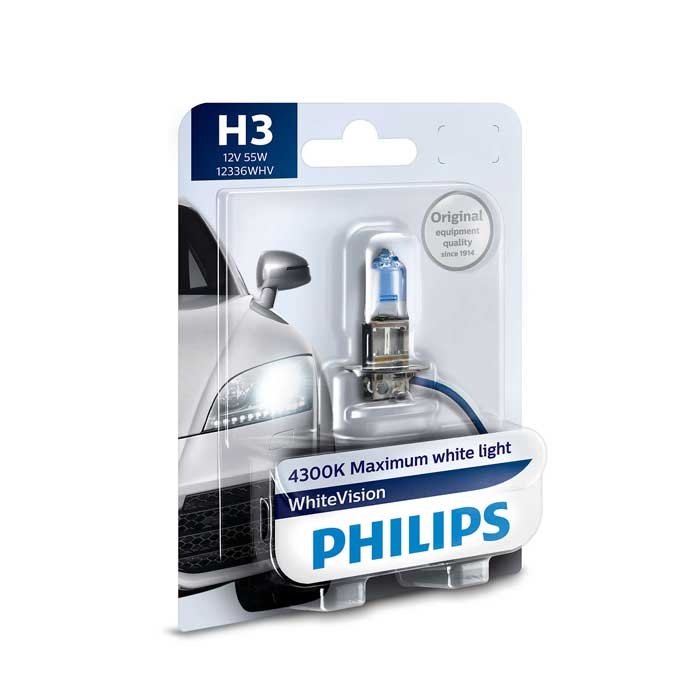 Se Philips White Vision H3 pære med Xenon effekt & +60% mere lys (1 stk) hos Dækbutikken - Dæk og Fælge